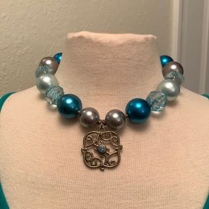 Girls Chunky Bead Boutique Necklace Blue Silver Frozen Elsa Winter